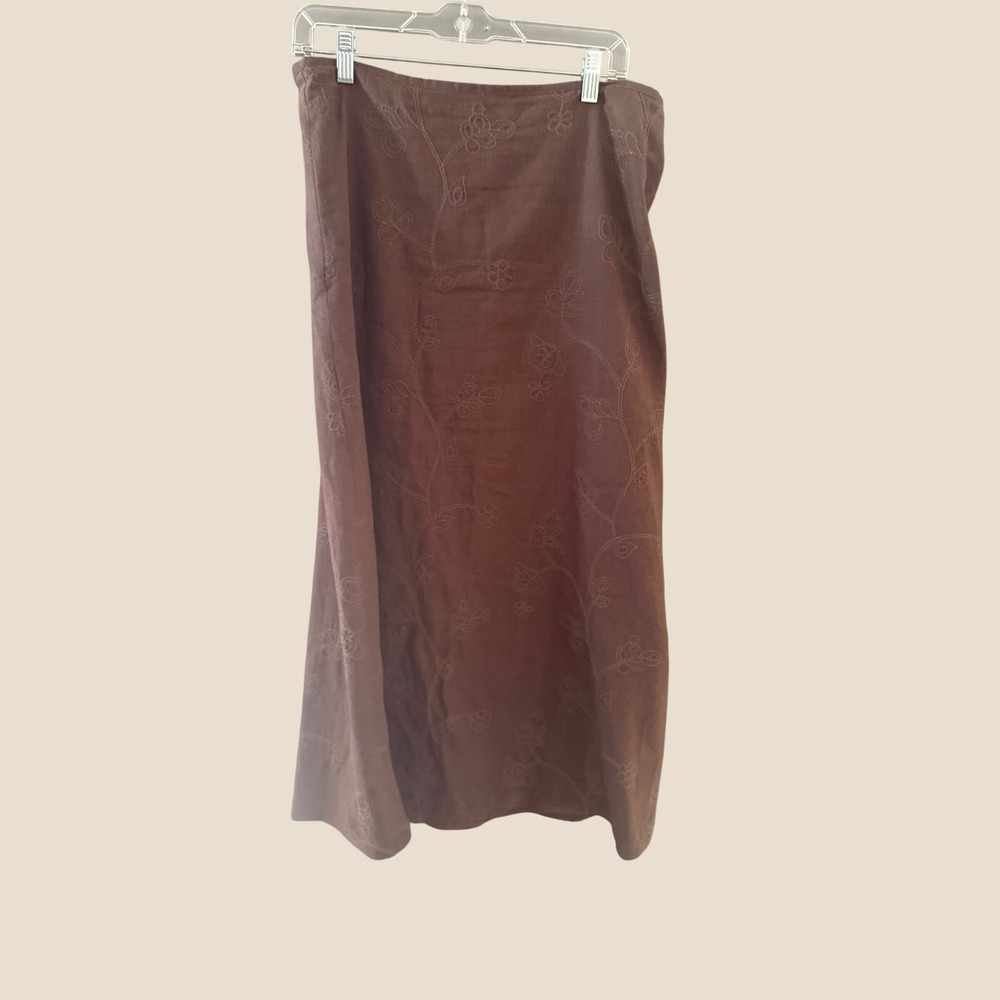 Carole Vintage Brown Linen Blend Floral Embroidered Midi Skirt Size 10 Womens